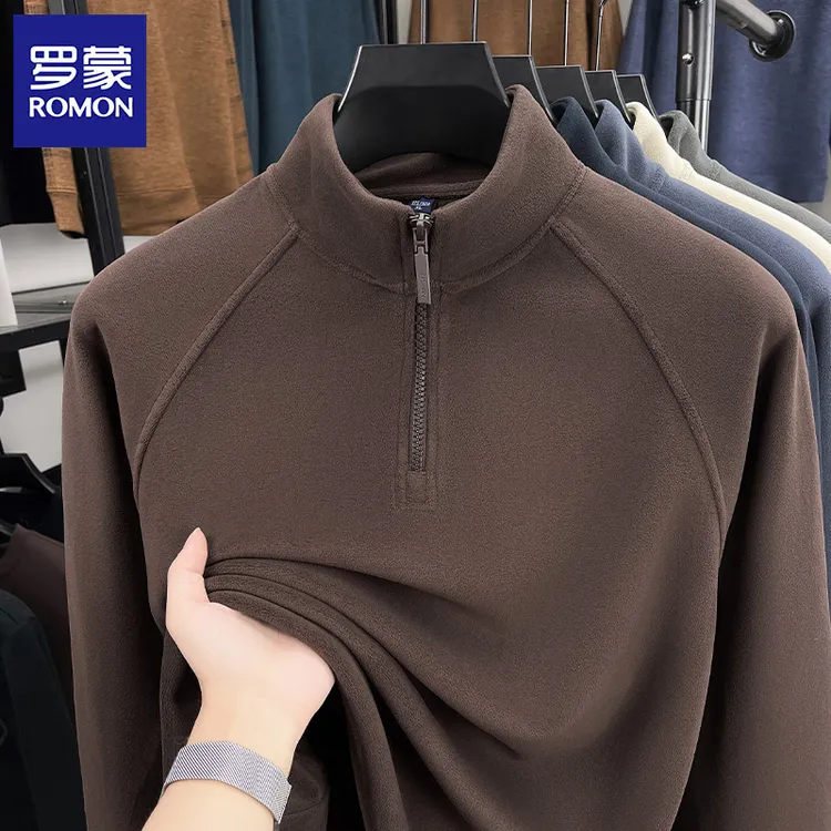 罗蒙奥粒绒加厚卫衣秋冬男士含羊毛长袖t恤半拉链立领打底衫