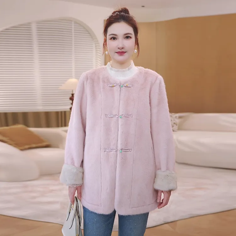 【仿貂毛麂皮绒】MsShe大码女装新中式盘扣皮毛一体外套S~E2510008