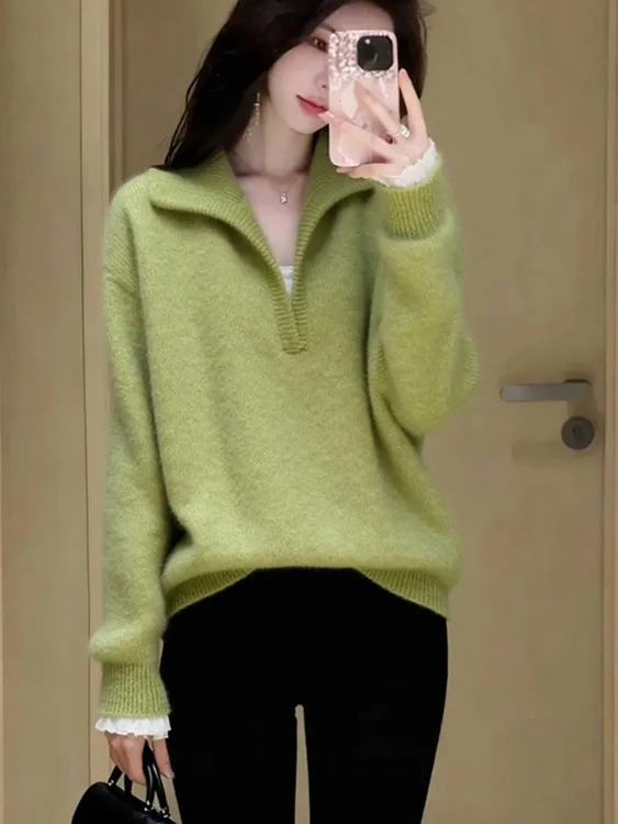 软糯绿色毛衣女秋冬慵懒风轻熟风翻领气质高端小香风厚款针织上衣