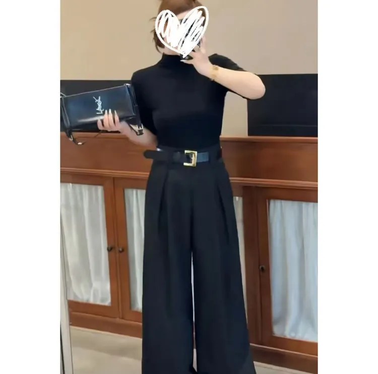 休闲裤时尚阔腿裤+显瘦小衫套装休闲黑色高腰两件套