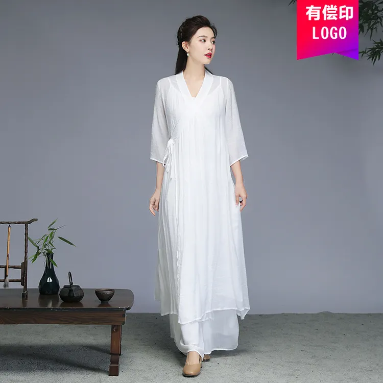 中国风禅意女装棉麻茶服禅修服禅舞服装复古汉服连衣裙两件套