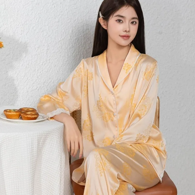 新款春秋复古冰雪丝国风睡衣女长袖大码长裤宽松薄款时尚家居服夏