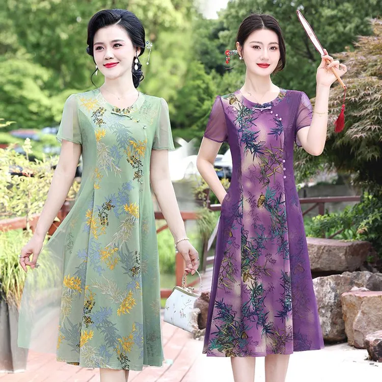 新中式中年女装连衣裙短袖薄款妈妈装夏装新款中长款裙子夏季新款