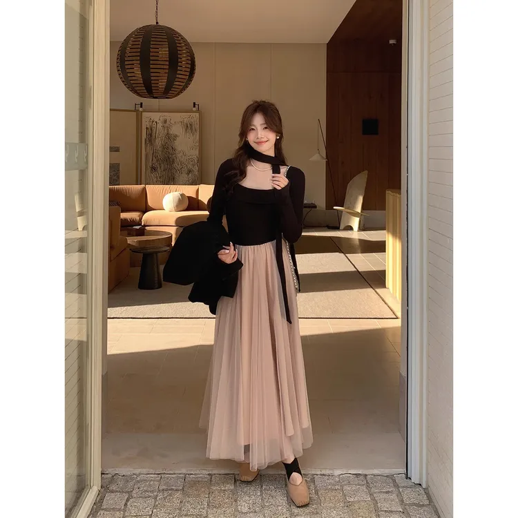 韩系高智法式千金感撞色拼接收腰长袖连衣裙D3975