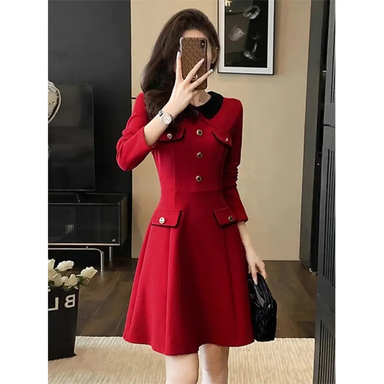 秋冬季新款小香风红色连衣裙女高级感修身显瘦气质礼服裙高端小众