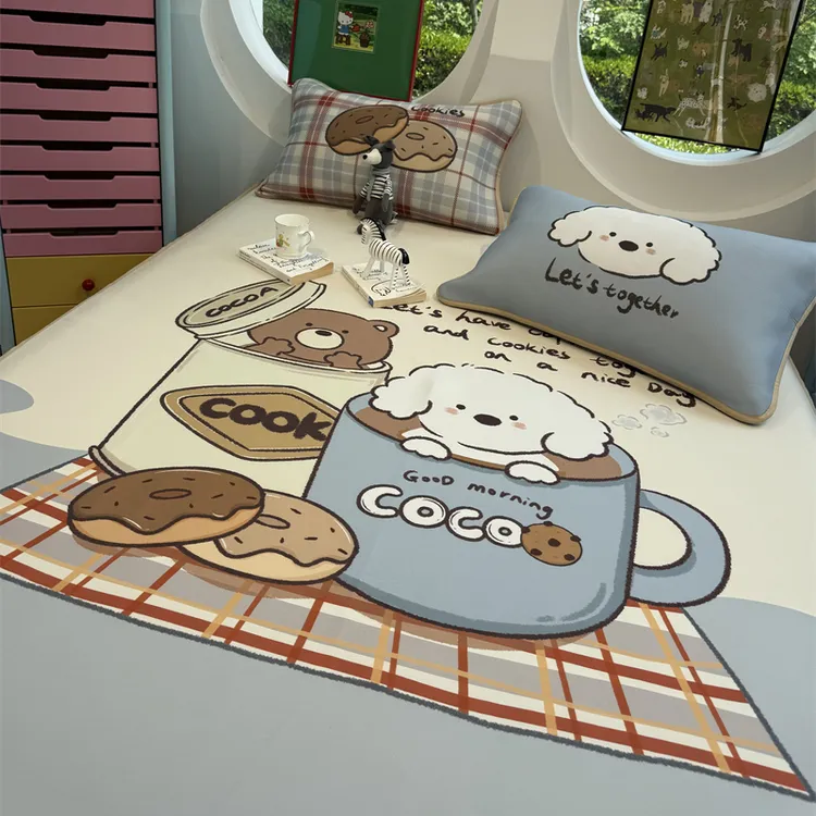 易安阁冰纤维夏凉席可爱饼干茶杯小狗空调席床笠三件套1.5m1.8米