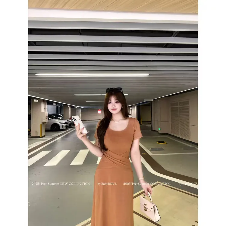 【现货】【汉江欧尼】 温与柔简约气质短袖长裙雅致交叉收腰连衣裙