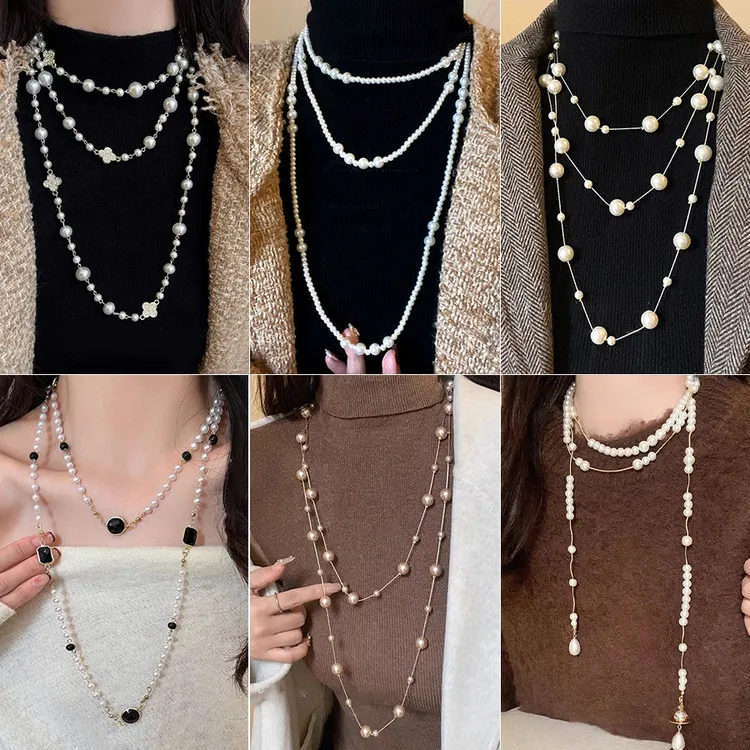 新中式多层叠戴珍珠项链女小众轻奢高级感长款毛衣链秋冬百搭配饰