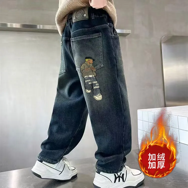 童装中大童一体绒长裤2025秋款牛仔裤宽松加绒加厚刺绣男孩潮款