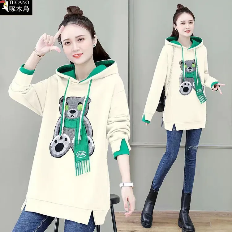 啄木鸟秋冬中长款拼色连帽长袖卫衣新款大码加绒宽松小熊刺绣上衣