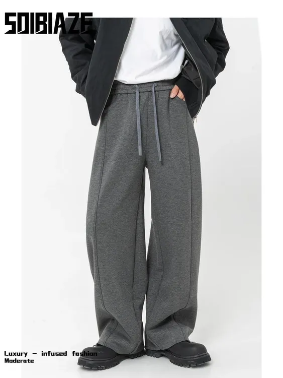 【高品质】弯刀休闲裤青少年秋冬百搭阔腿裤加厚宽松街头设计感男裤