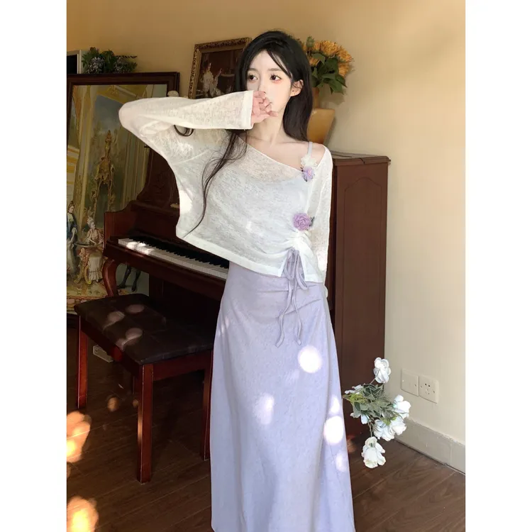 大码胖mm法式温柔风长紫色吊带连衣裙女秋季新款叠穿长袖上衣套装