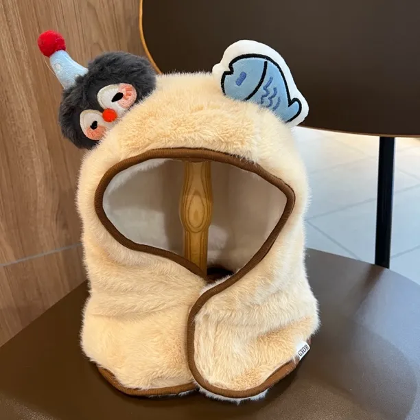 【小童必入】宝宝帽子冬季毛绒帽围脖一体小月龄加厚保暖护耳防风帽