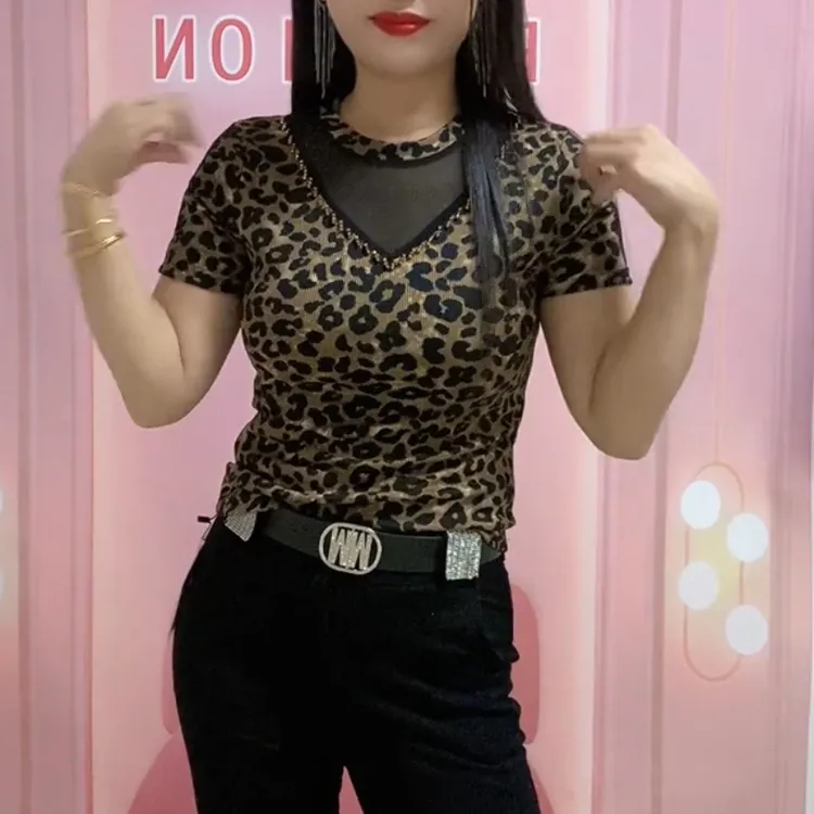 印花纱网短袖豹纹欧美风圆领T恤百搭韩版网红夏季