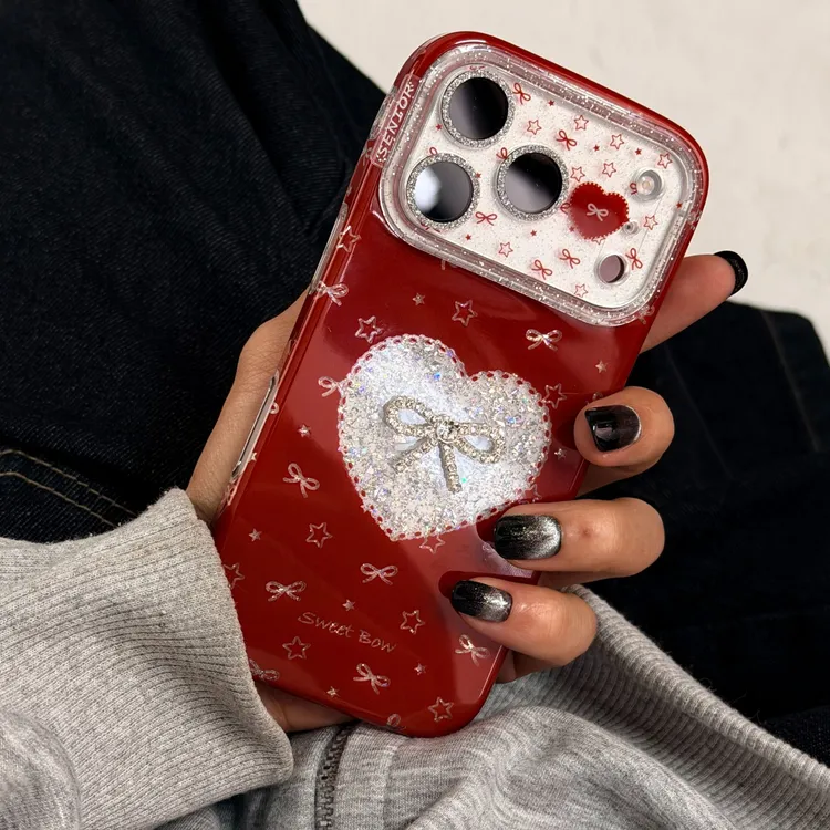 复古闪钻蝴蝶结新年红镜头膜适用17promax手机壳防摔软相机键全包