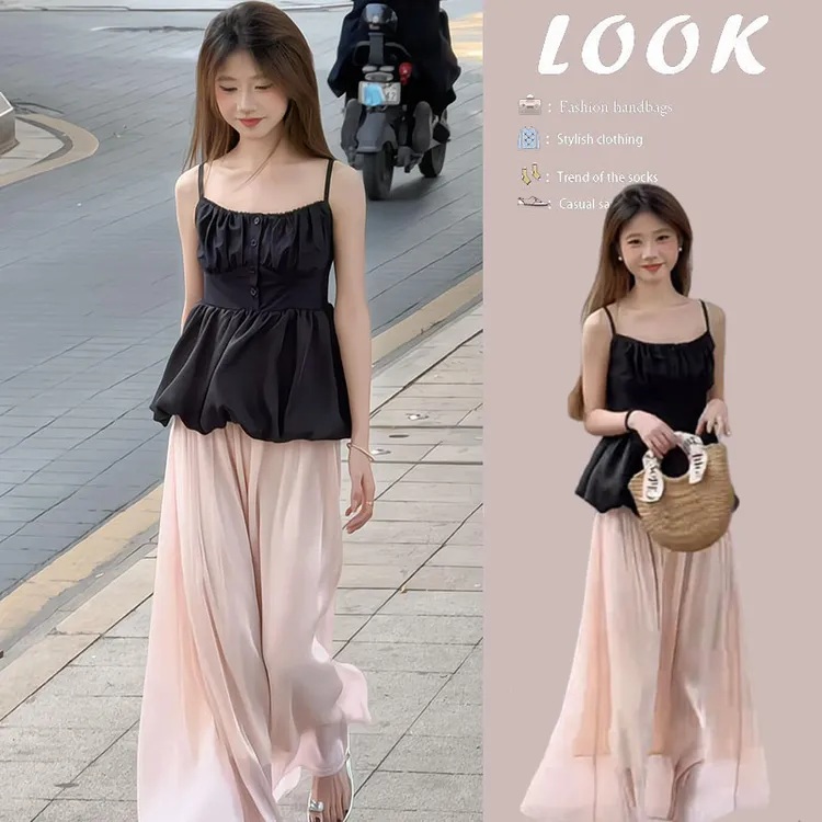 夏季温柔系穿搭女2025新款韩版时尚显瘦吊带上衣气质半身裙两件套