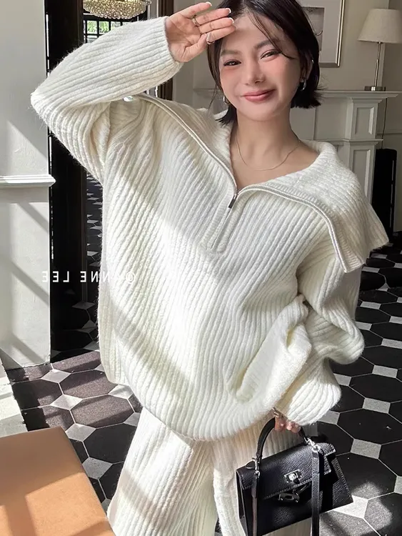 秋季新款韩系女宽松休闲慵懒翻领半拉链针织开衫阔腿裤毛衣套装潮