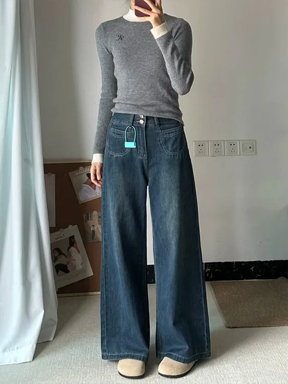 加绒蓝色加长高腰阔腿牛仔裤女2025秋冬新款胖mm梨形宽松休闲裤子