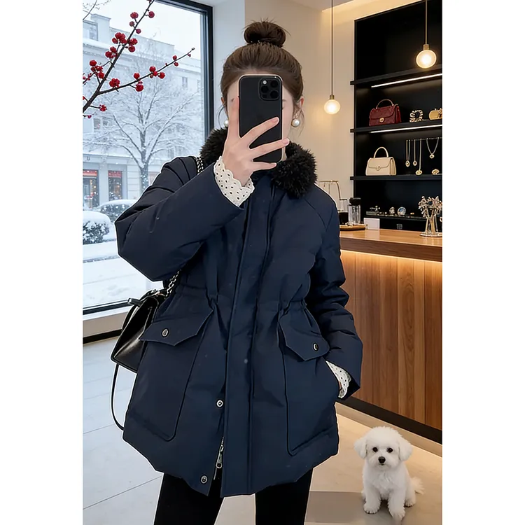 鹅绒服外套女韩版时尚宽松大码拼接羊圈毛领可脱卸加厚保暖外套