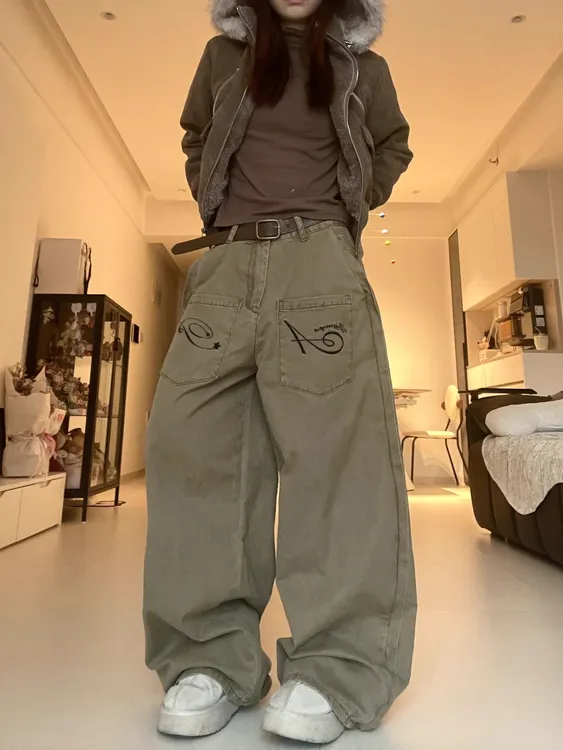 BINXLAN字母刺绣美式复古裤子女宽松高街直筒弯刀工装裤休闲