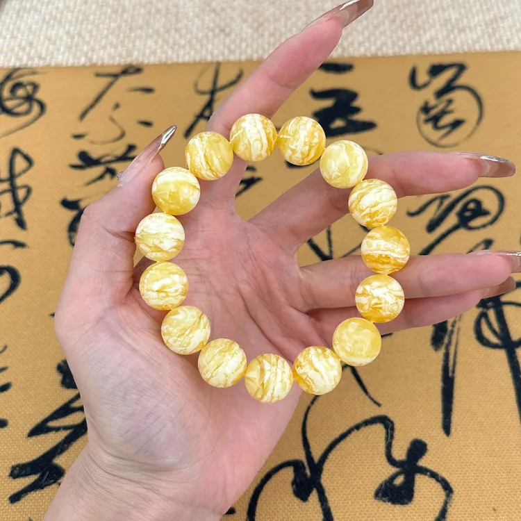 天然收藏级金瓷白漆白瓷白蜡溶洞丝纹妖孽琥珀蜜蜡手串多样性发一