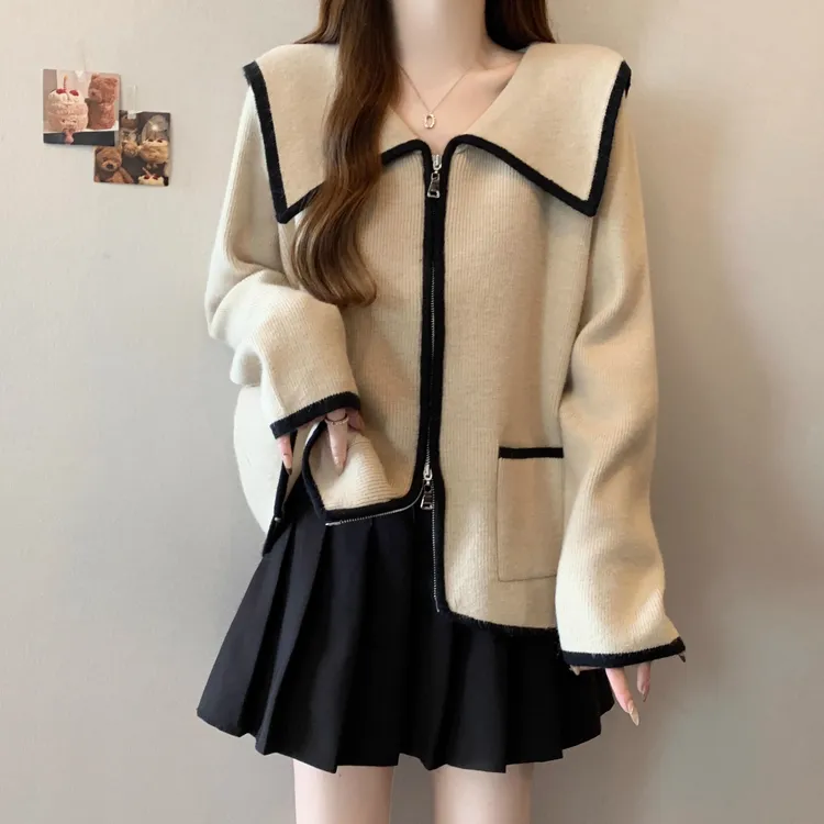 大码女装法式海军领双拉链针织开衫女秋冬胖妹妹宽松显瘦毛衣外套