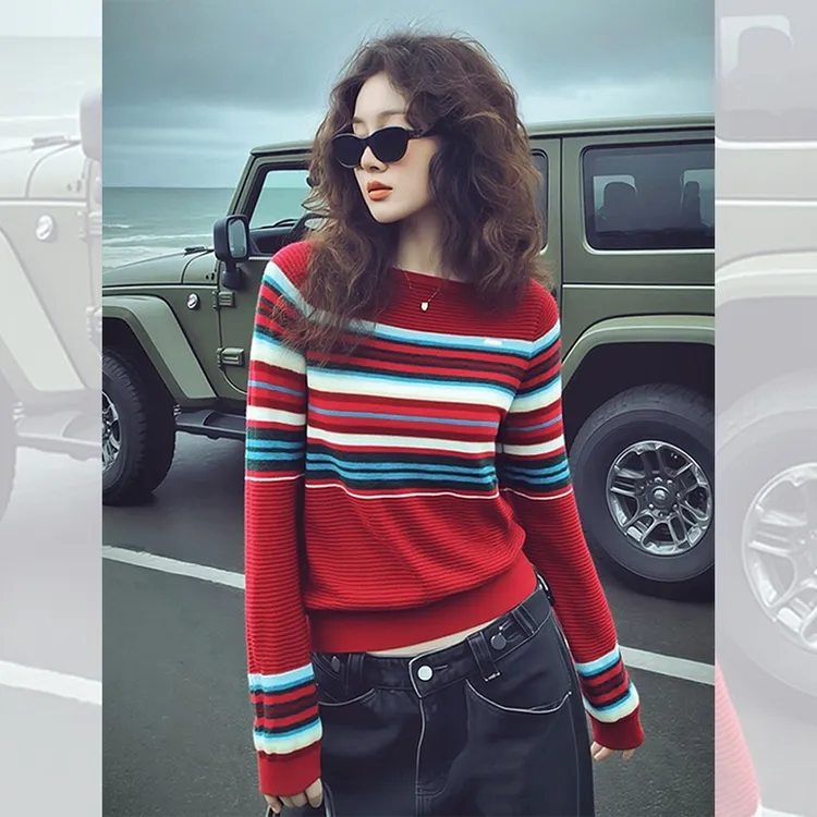 独特漂亮内搭红色条纹针织小衫毛衣女秋冬新款穿搭洋气高贵上衣服