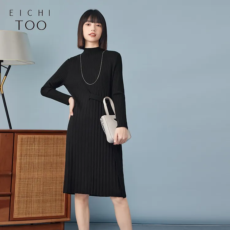 爱居兔冬季经典黑色通勤时尚针织衫连衣裙EQLSJ4N006A