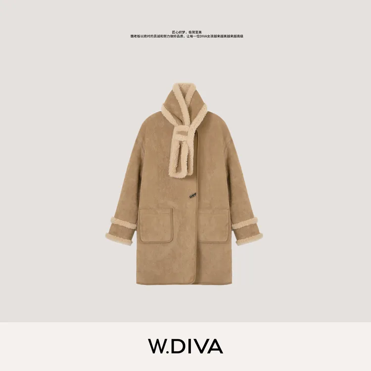 W.Diva【冬日奶茶】澳洲进口颗粒羊毛麂皮外套围巾54C293261