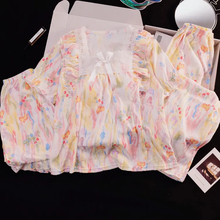 睡衣女夏季短袖套装新款薄款女士带胸垫宽松三件套家居服夏天