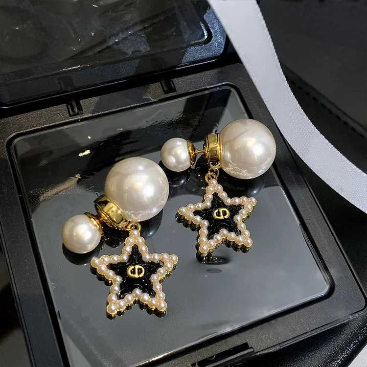 黄铜耳饰 黑色五角星耳环吊坠珍珠耳钉新款气质法式前后两戴耳饰