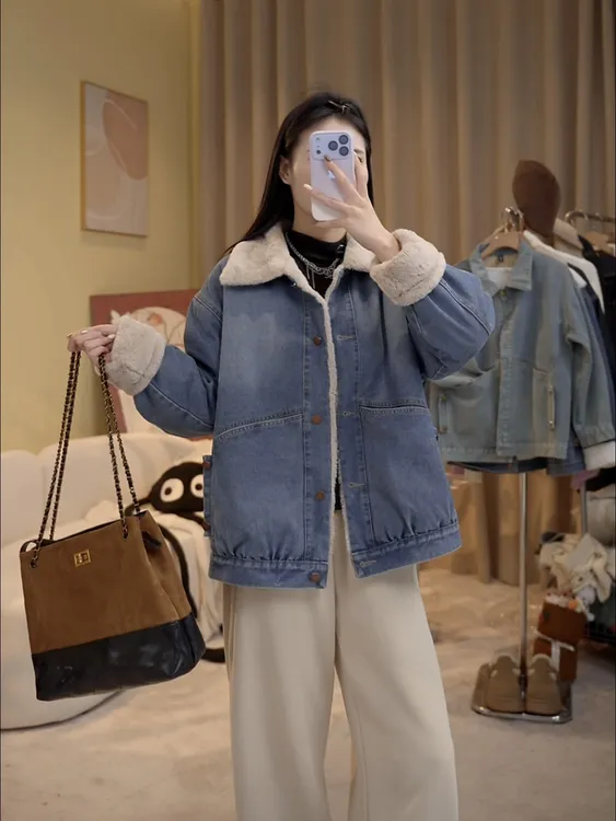 蓝色牛仔外套女小个子2025年冬季新款韩系超好看流行加绒短款棉衣