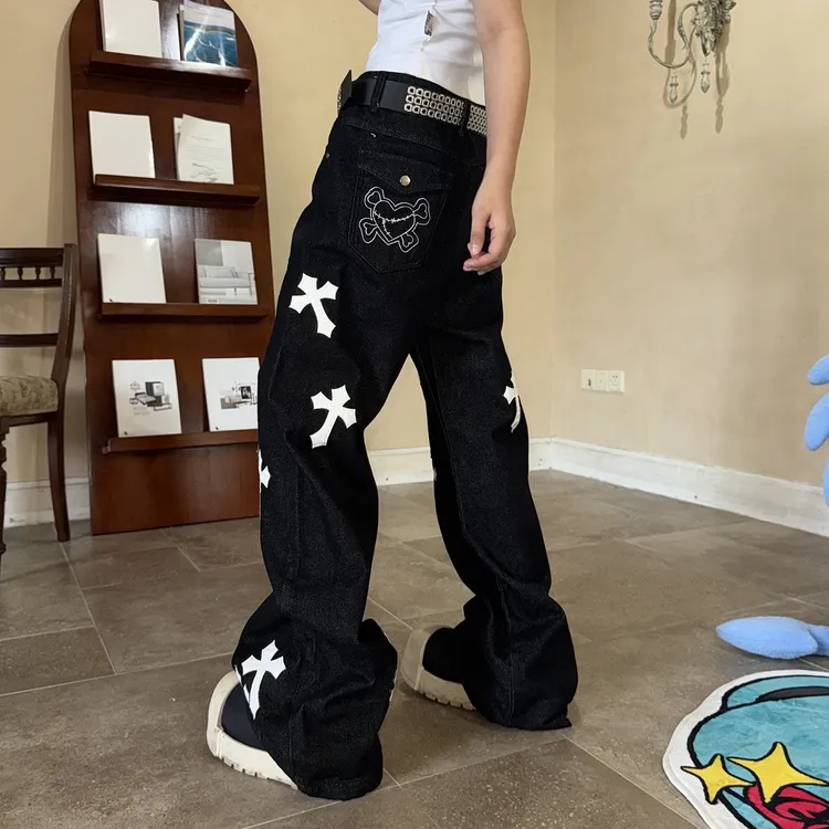 梁拌泡菜美式复古幽灵十字微喇牛仔裤男女设计感街头百搭阔腿裤