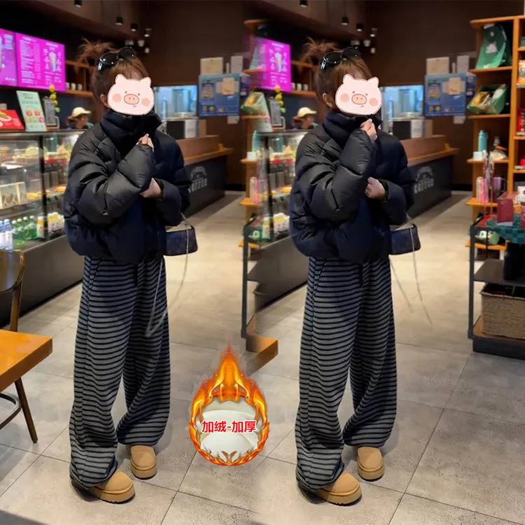 冬季新款穿搭一整套时尚百搭立领排骨棉服外套搭配撞色条纹休闲裤