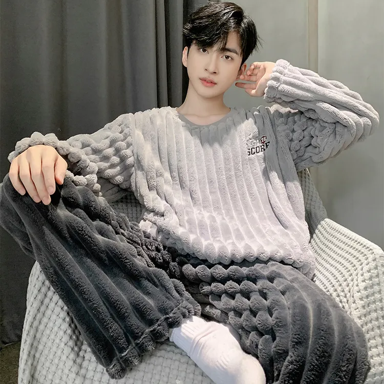 珊瑚绒男士睡衣秋冬季加厚学生青年法兰绒春秋毛绒家居服套装