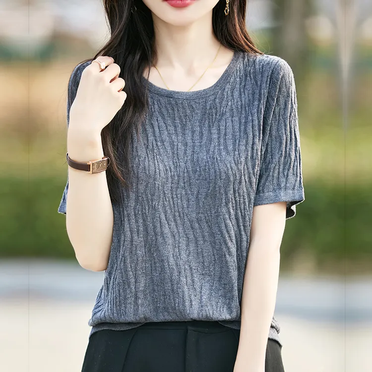 时尚爆款短袖t恤女夏季2025新款打底衫洋气大码女装冰丝针织上衣