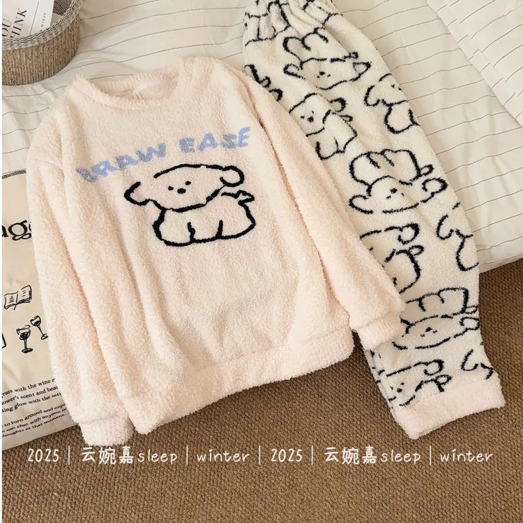 『线条狗狗』秋冬睡衣女法兰绒加厚加绒保暖冬季牛奶绒家居服套装