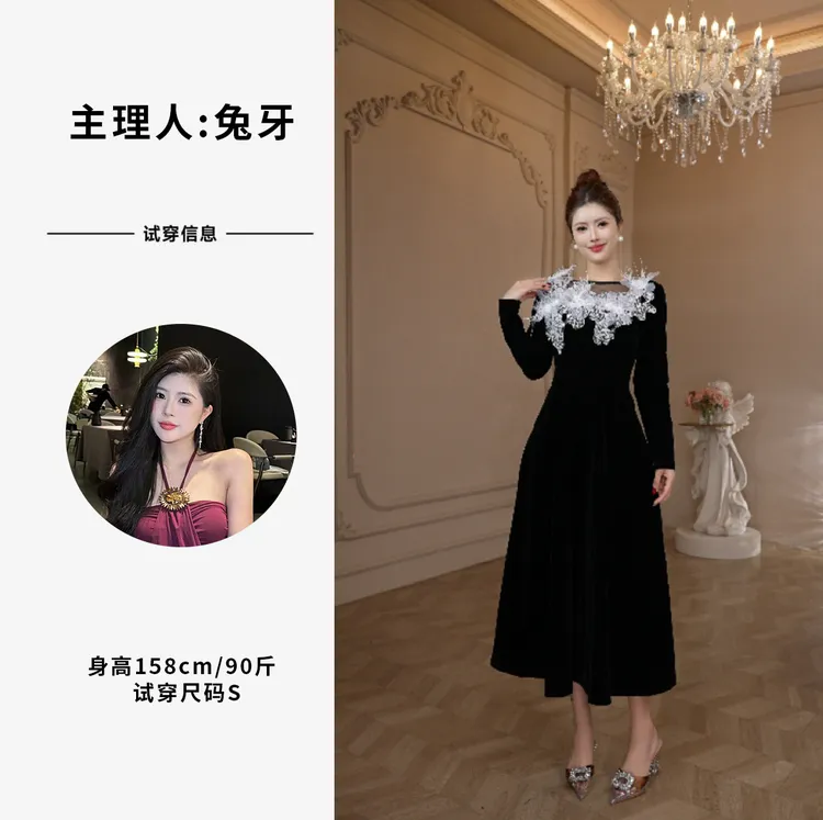 【十七定制】设计师新款拼接法式轻熟风冬季气质优雅连衣裙21967