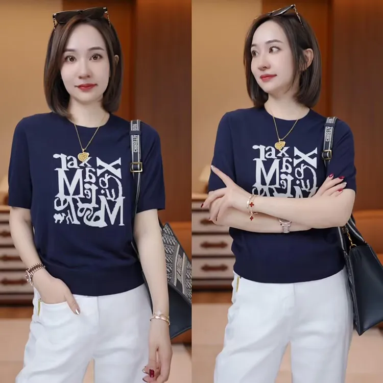 欧货休闲圆领提花字母针织小衫女2025夏季新款日常休闲舒适上衣服