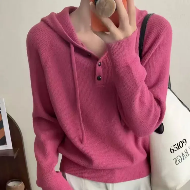 【韩衣舍】01亮线连帽抽绳雪尼绒长袖套头纯色简约针织衫女上衣