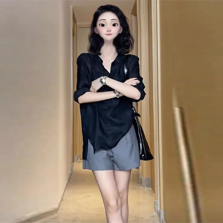 La babite时尚套装2025年夏季新款v领黑色长袖衬衫宽松短裤两件套