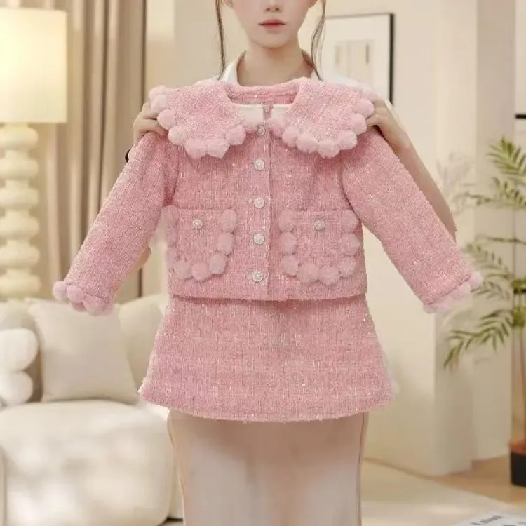 2025冬女童小香风套装蝴蝶结毛边夹棉加厚外套背心裙两件套6776