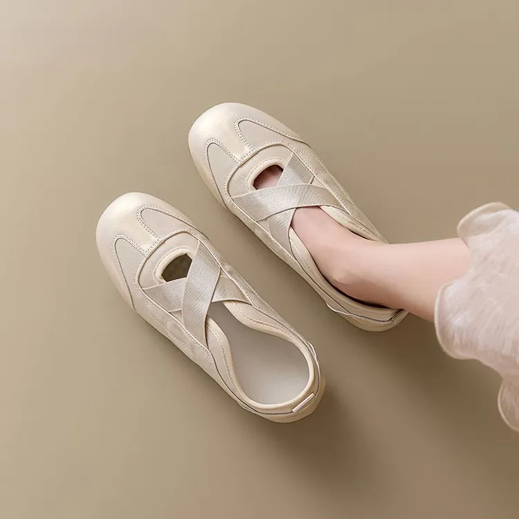 正品小白鞋女2025秋季新款时装单鞋平底交叉松紧带小众单鞋芭蕾风