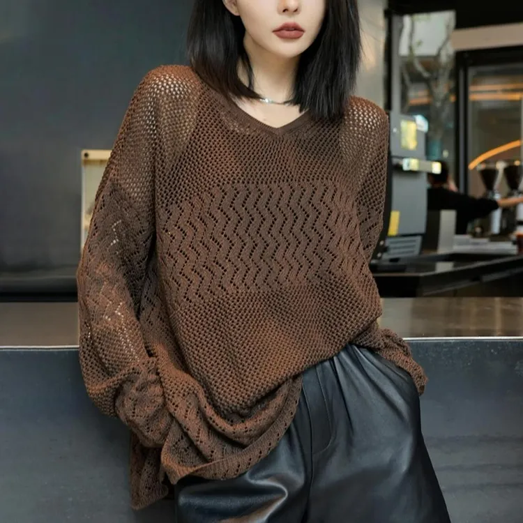女士V领长袖镂空针织衫2025早秋新款宽慵懒显瘦薄款防晒罩衫上衣