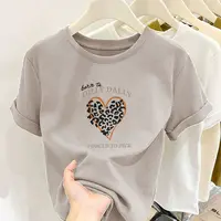 新款圆领豹纹爱心英文印花纯棉短袖小个子女修身显瘦百搭上衣