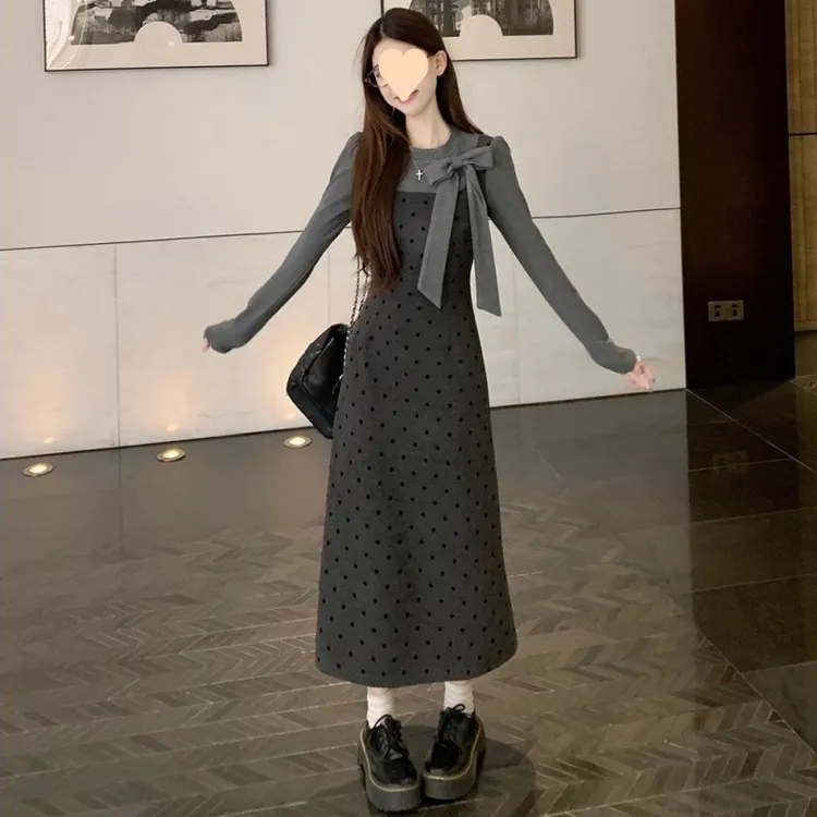 韩系假两件拼接结波点连衣裙2025春季新款收腰显瘦字长裙女气质
