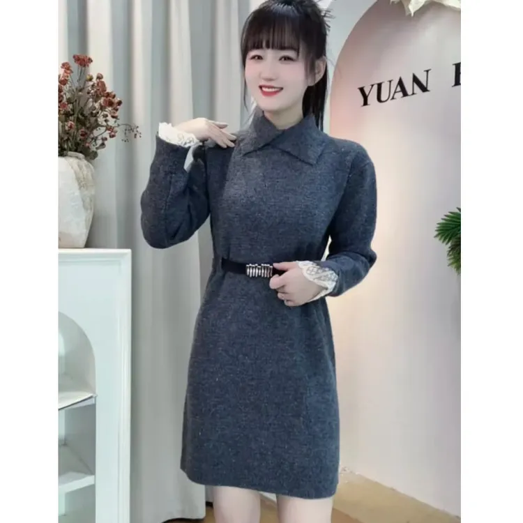 秋冬新款袖口拼接蕾丝时尚气质翻领毛衣连衣裙针织洋气小个子裙子