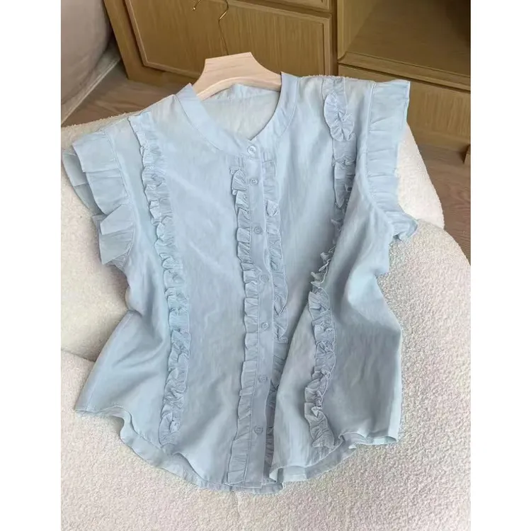 9307韩版木耳边飞飞袖衬衫女高级感轻奢减龄洋气显瘦时尚小香风