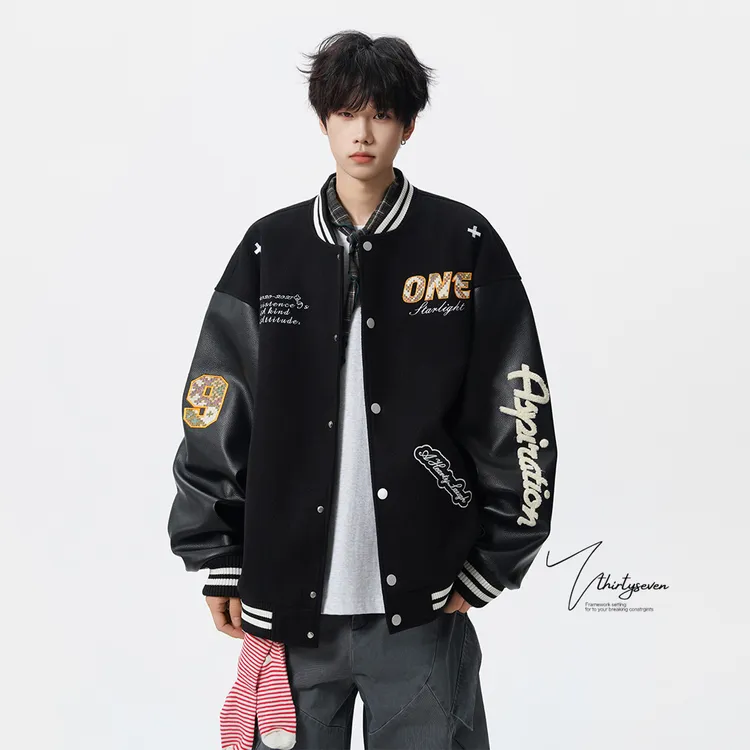 V37美式高街痞帅字母刺绣球服男冬季重磅复古宽松休闲夹克外套