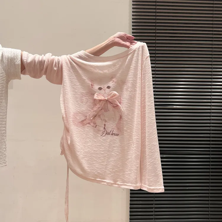 粉色甜妹猫咪印花抽褶长袖T恤女2025秋季新款宽松显瘦蝴蝶结上衣